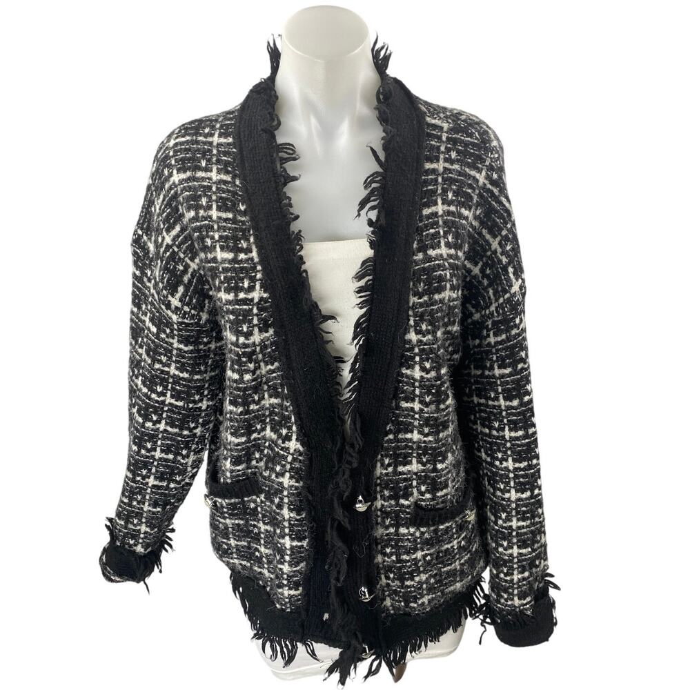 Robertson + Rodeo Women's Black Wool Tweed Fringe Knit Cardigan Sweater Top M/L
